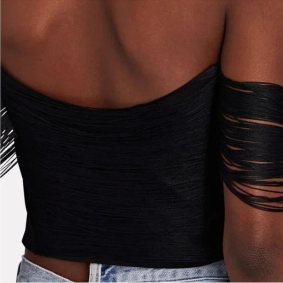 JONATHAN SIMKHAI Draped Fringed Crepe Bustier Black Off-Shoulder Top NEW - Picture 5 of 9